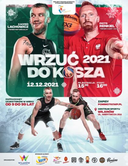 plakat informujący o wydarzeniu, zdjęcia 2 koszykarzy - Kacpra Lachowicza i Piotra Renkiela