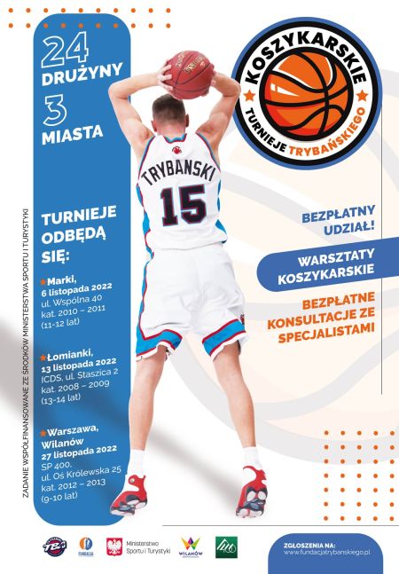 plakat przedstawiający sylwetkę koszykarza, trzymającego w dłoniach piłkę do gry w koszykówkę 