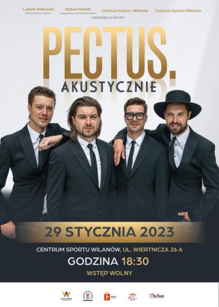 plakat przedstawiający czterech mężczyzn w czarnych garniturach, zapraszający na koncert zespołu Pectus